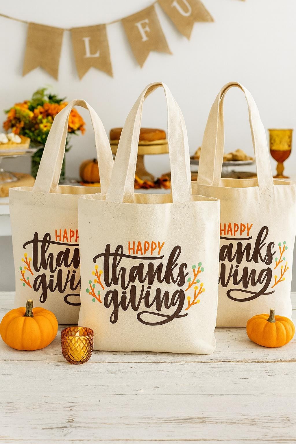 Thanksgiving Party Favor Bags - Reusable Cotton Canvas Tote