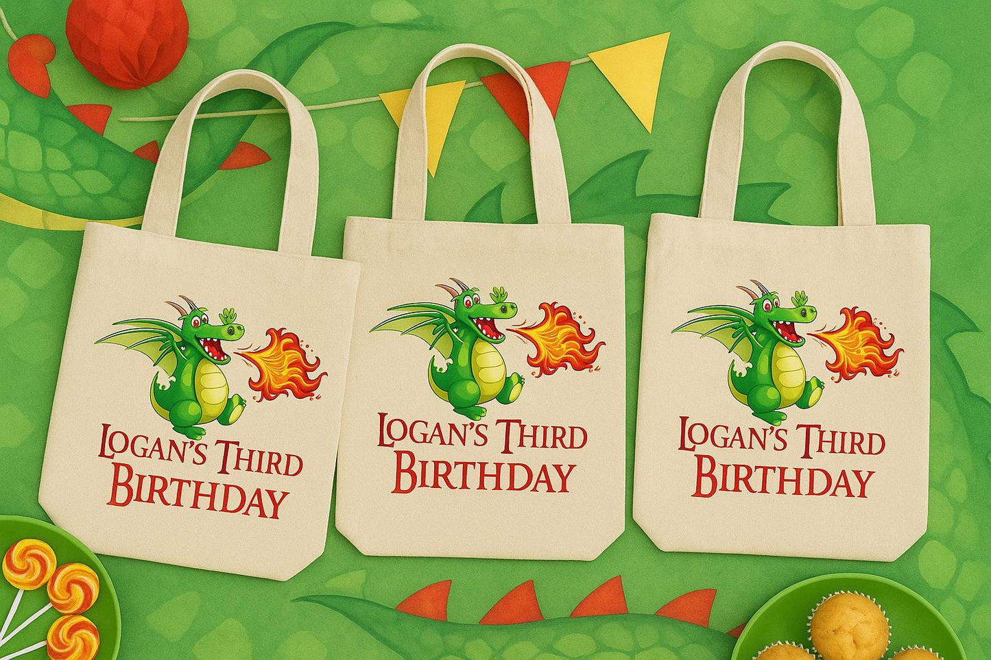 Dragon Party Favor Bags, Cotton Treat Bags, Set of 6