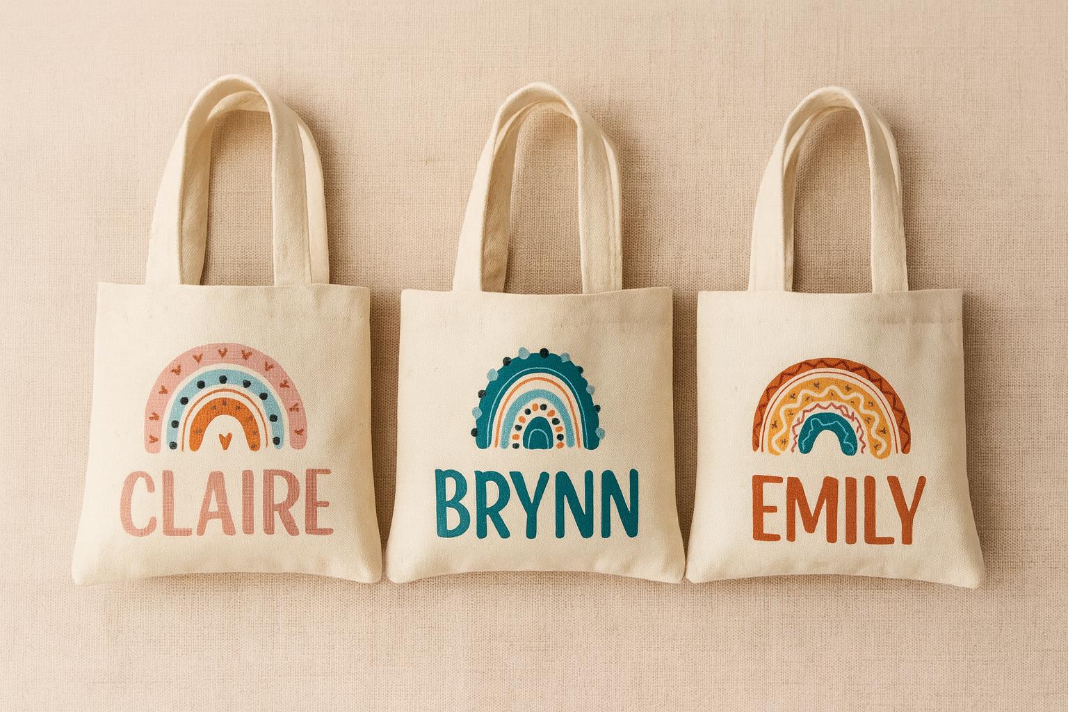 Custom Boho Rainbow Party Favor Bags - Perfect for Rainbow or Boho Themed Parties! - Set of Three Bags Personalized with Names