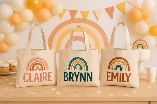 Custom Boho Rainbow Party Favor Bags - Perfect for Rainbow or Boho Themed Parties! - Set of Three Bags Personalized with Names