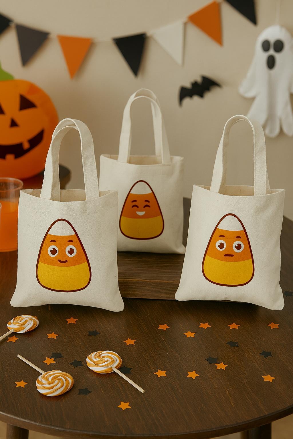 Candy Corn Halloween Favor Bags, Cotton Canvas, Set of 4