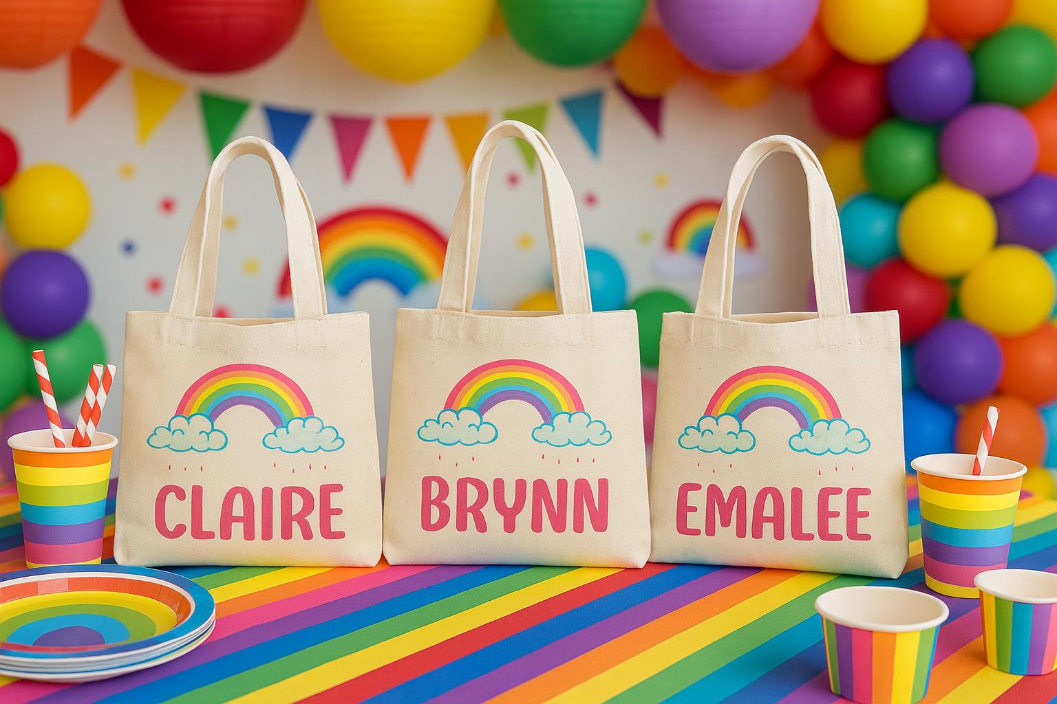 Custom Rainbow Party Favor Bags - Perfect for Rainbow Themed Parties and Events! - Personalized with Party Guest Names and Adorable Rainbows