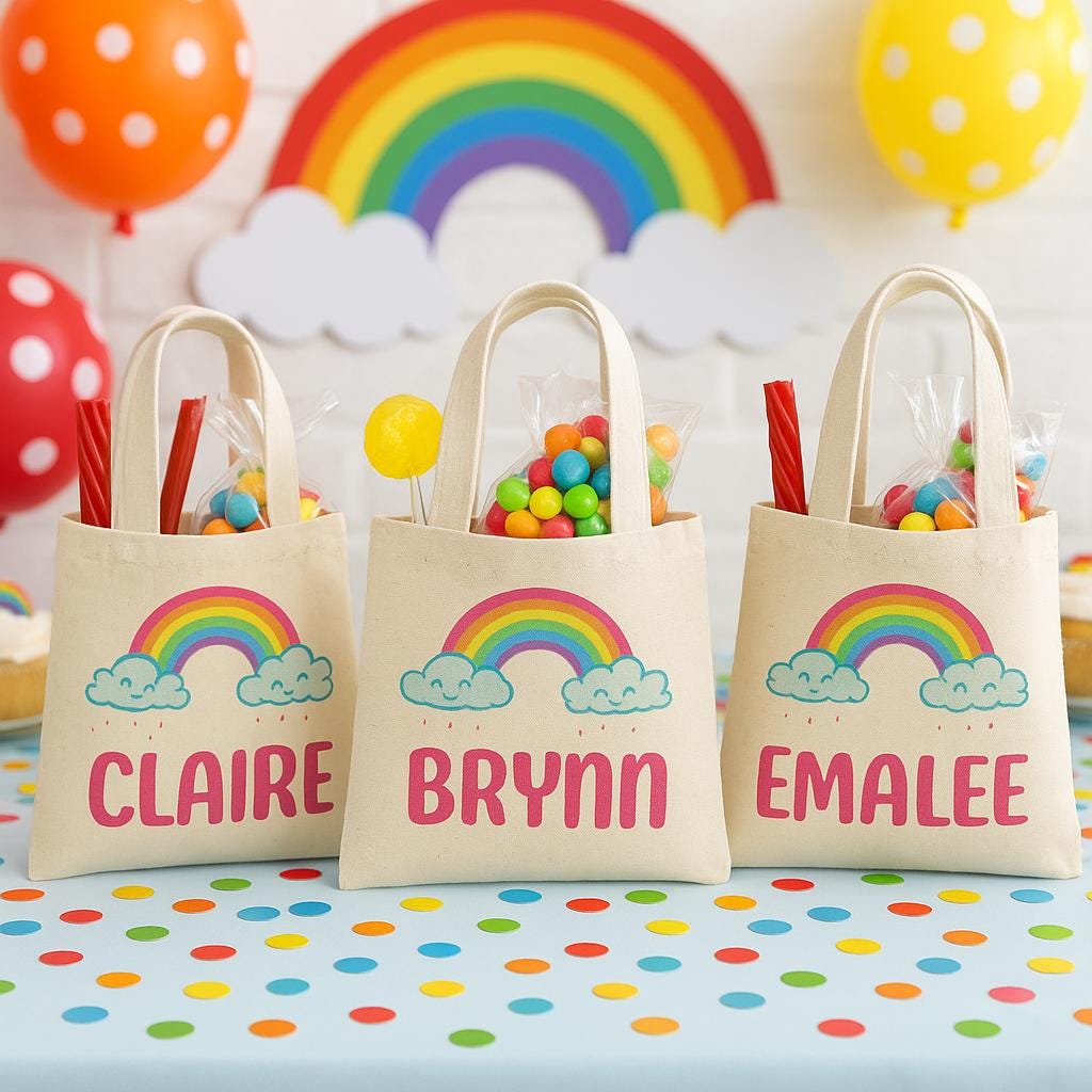 Custom Rainbow Party Favor Bags - Perfect for Rainbow Themed Parties and Events! - Personalized with Party Guest Names and Adorable Rainbows