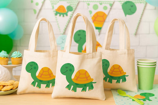 3 Turtle Party Favor Bags, Eco Cotton Goodie Bags