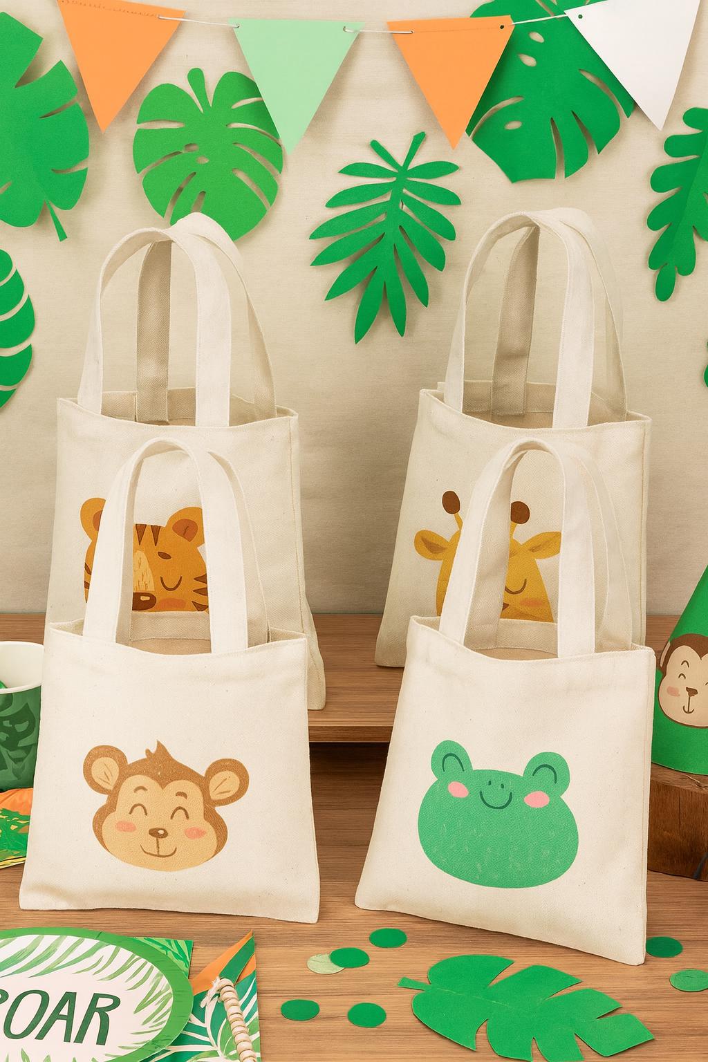 4 Jungle Animal Cotton Favor Bags, Zoo Party Goodie Bags