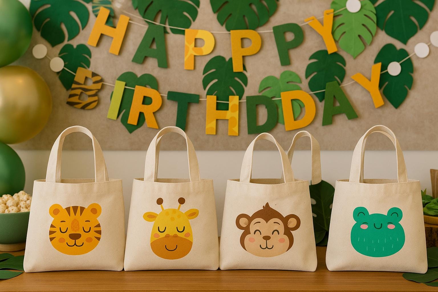 4 Jungle Animal Cotton Favor Bags, Zoo Party Goodie Bags