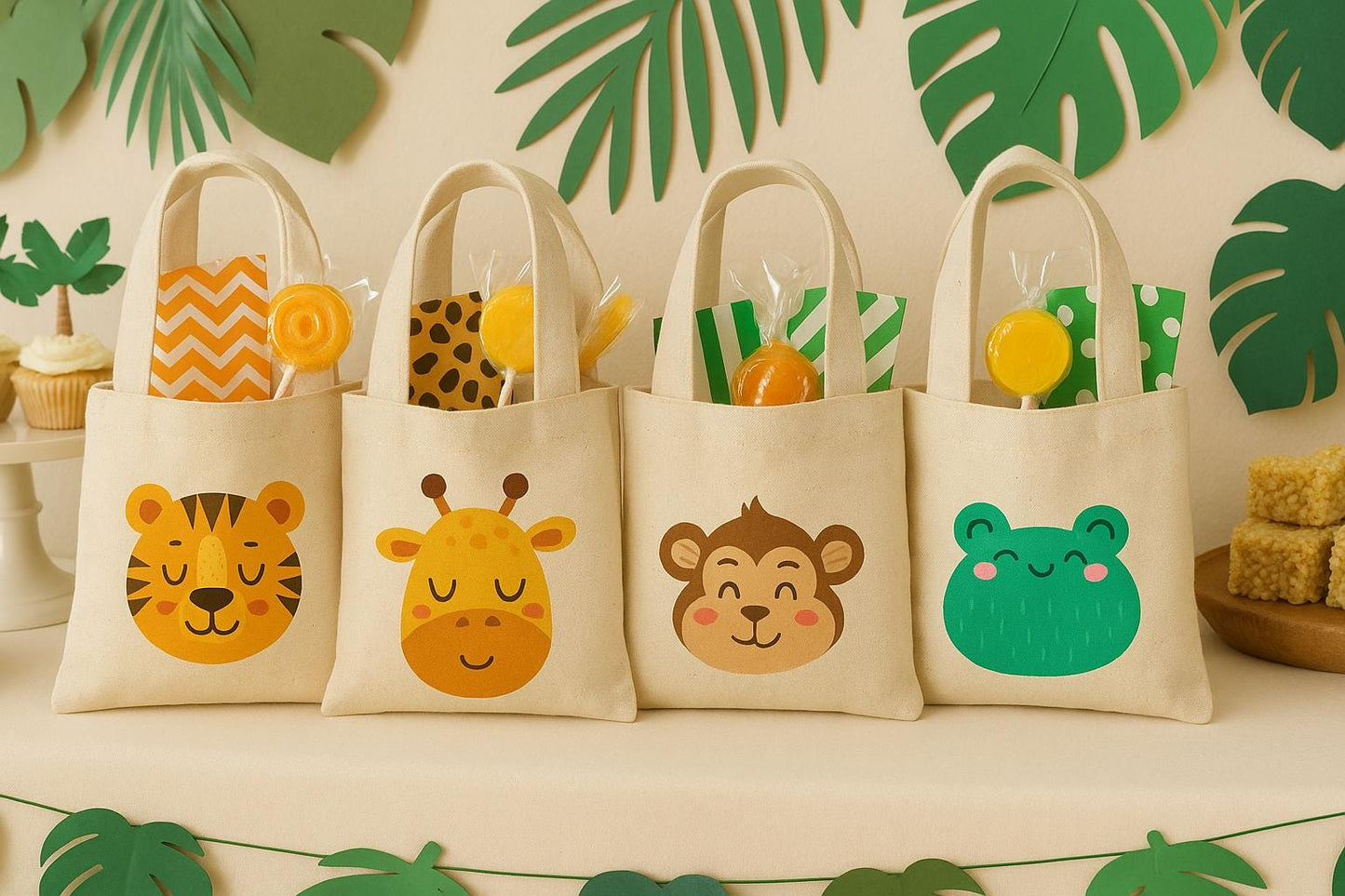 4 Jungle Animal Cotton Favor Bags, Zoo Party Goodie Bags