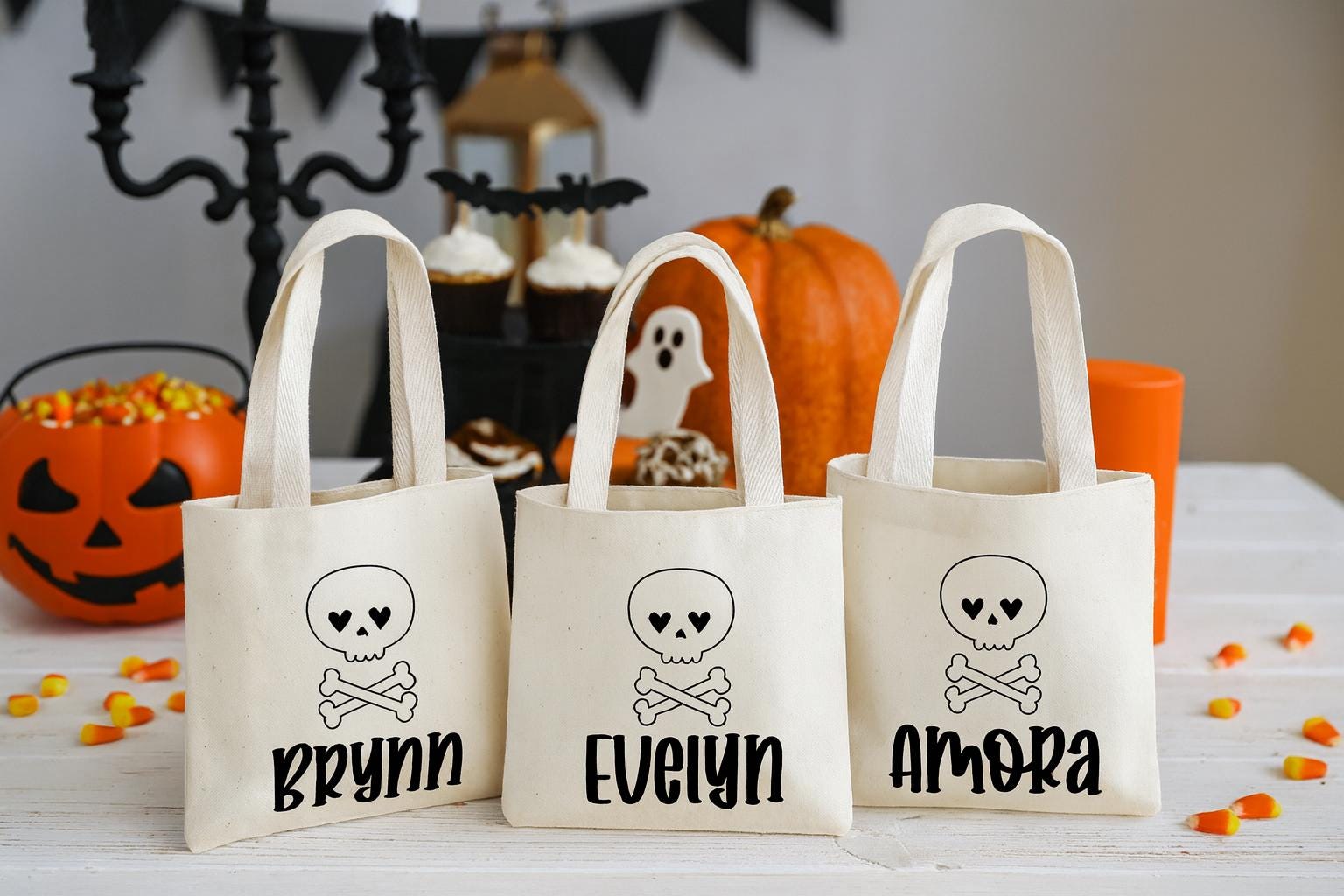 Personalized Halloween Favor Bags – Skeleton Design, Set of 3