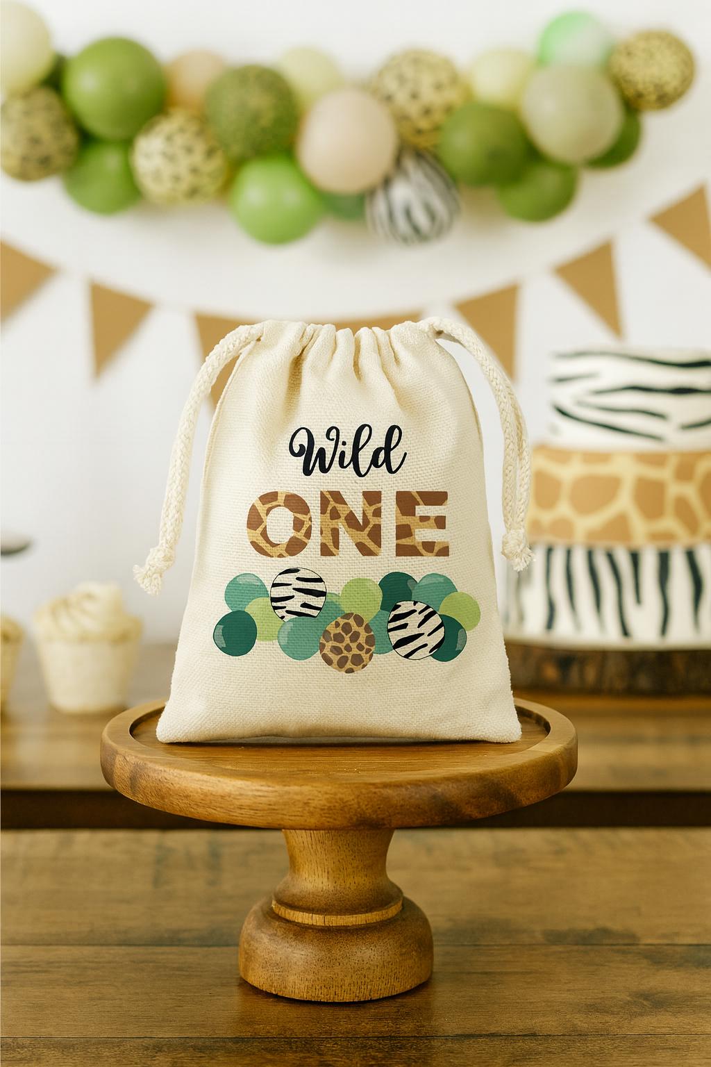 Wild One Safari Party Favor Bags, Jungle Theme Cotton Drawstring
