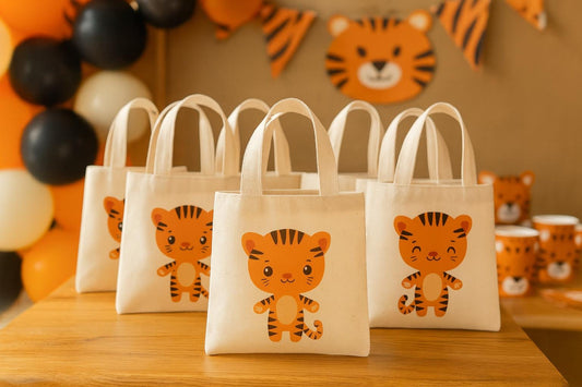 Tiger Party Favor Bags - Perfect for Tiger or Safari Themed Parties! - Set of Six - Cotton Bags with Handles