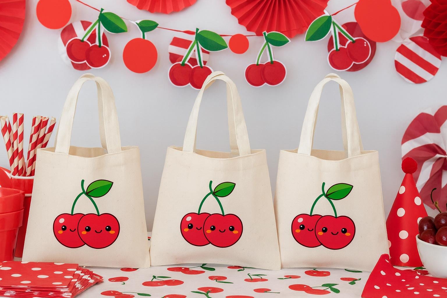 Cherry Party Favor Bags - Perfect for Cherry Themed Parties - Set of Three - Cotton Bags with Handles