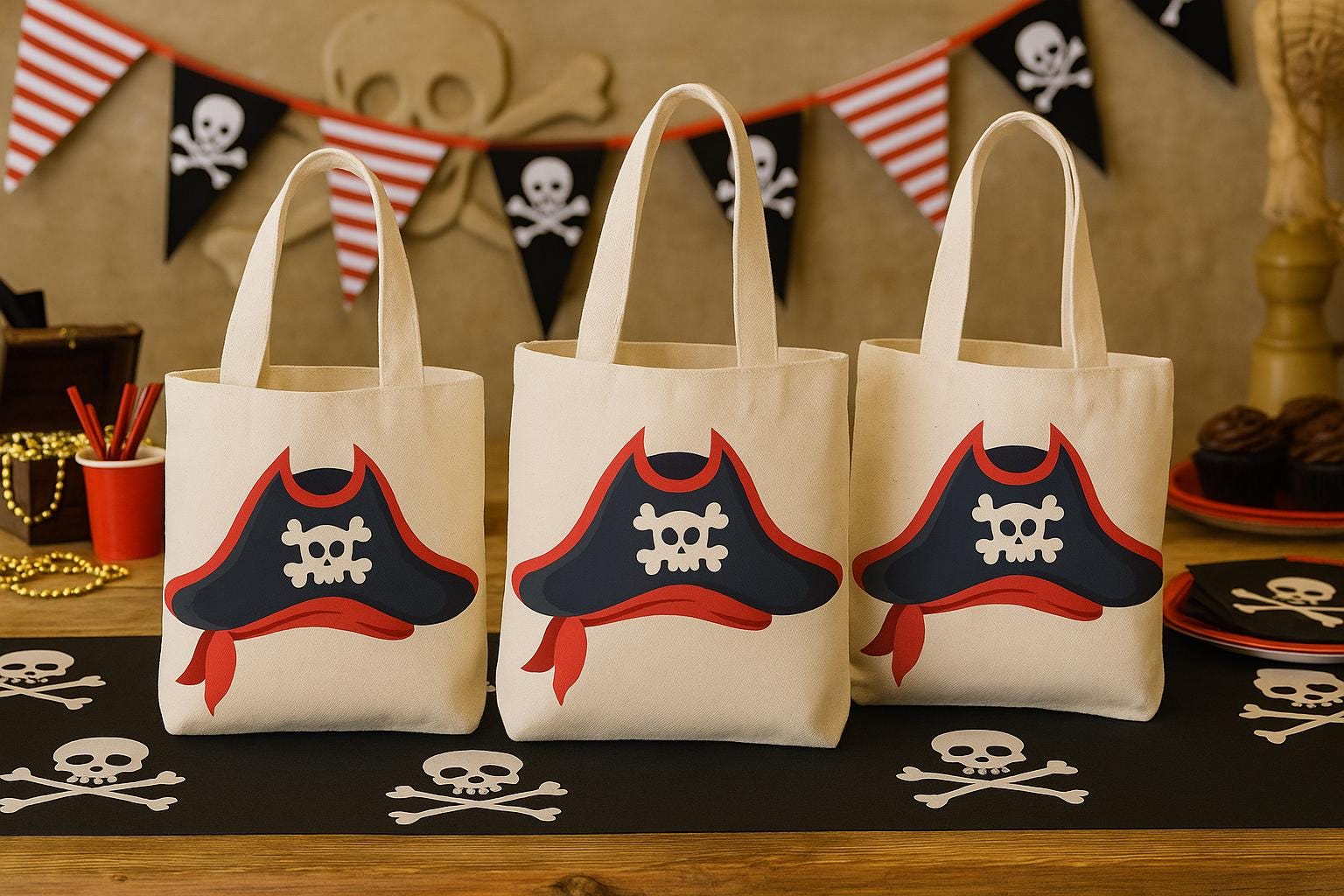 Pirate Party Favor Bags - Perfect for Pirate Theme Parties! - Cotton Party Bags with Handles - Reusable