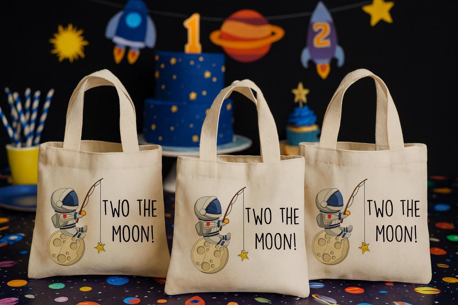 Two The Moon Cotton Favor Bags: Space Birthday Party, Set of 3
