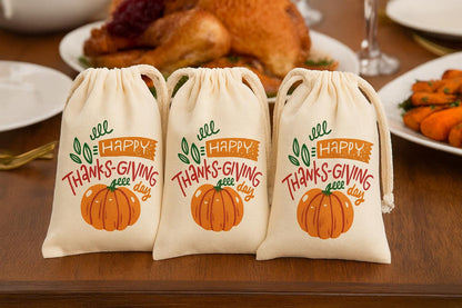 Thanksgiving Cotton Canvas Favor Bags – Pumpkin Design, Variety of Sizes