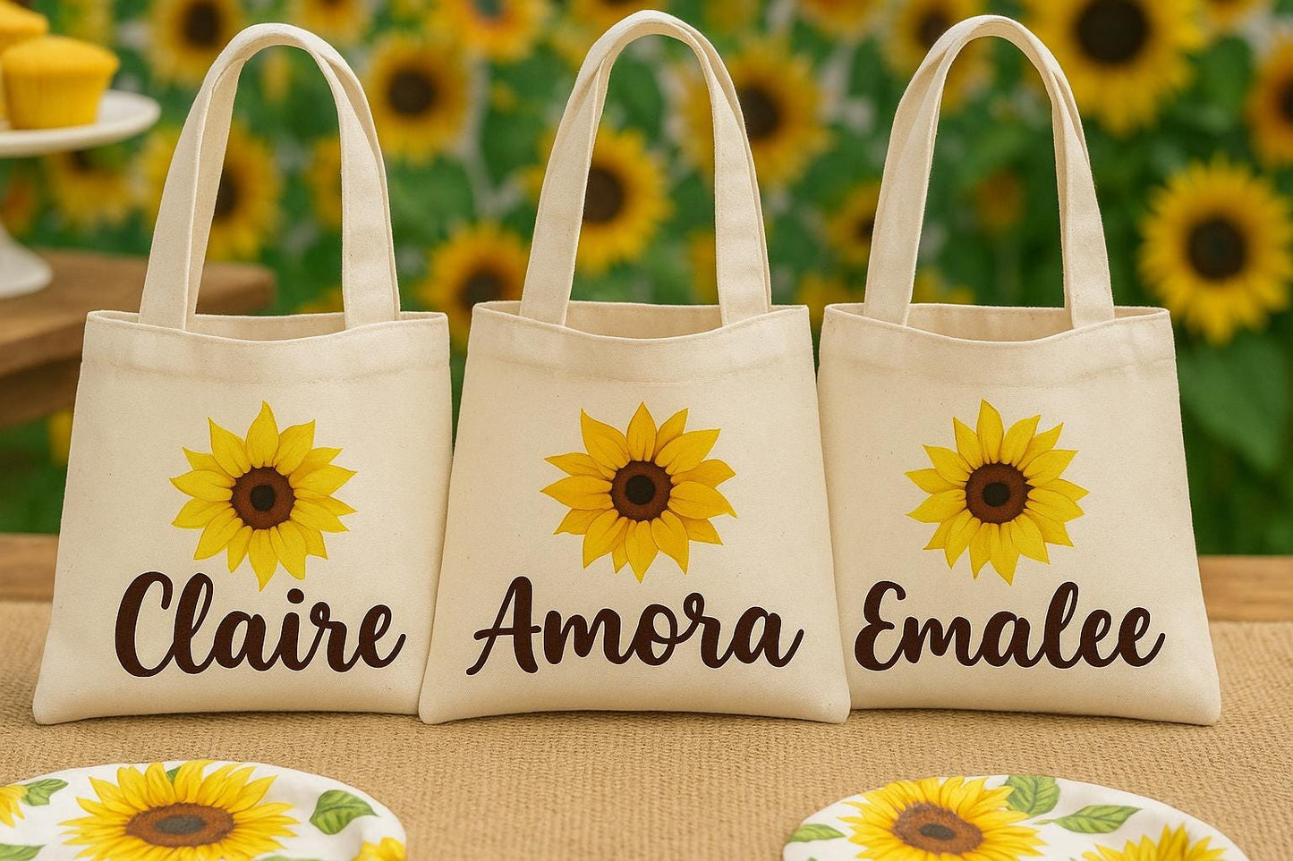 Personalized Sunflower Cotton Favor Bags – Custom Name Party Gifts