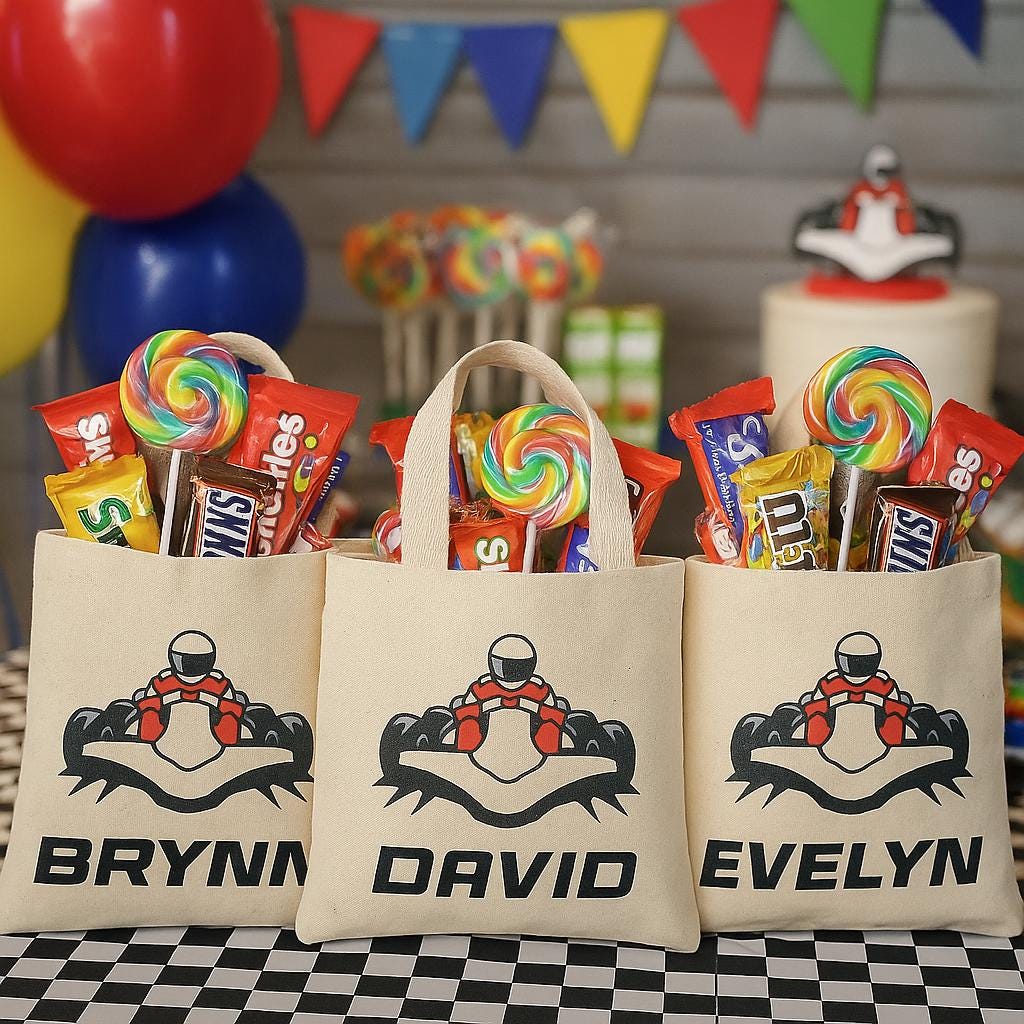 Custom Go Kart Party Favor Bags - Perfect for Go Kart or Race Car Themed Parties! - Set of Three Bags with Guest Names
