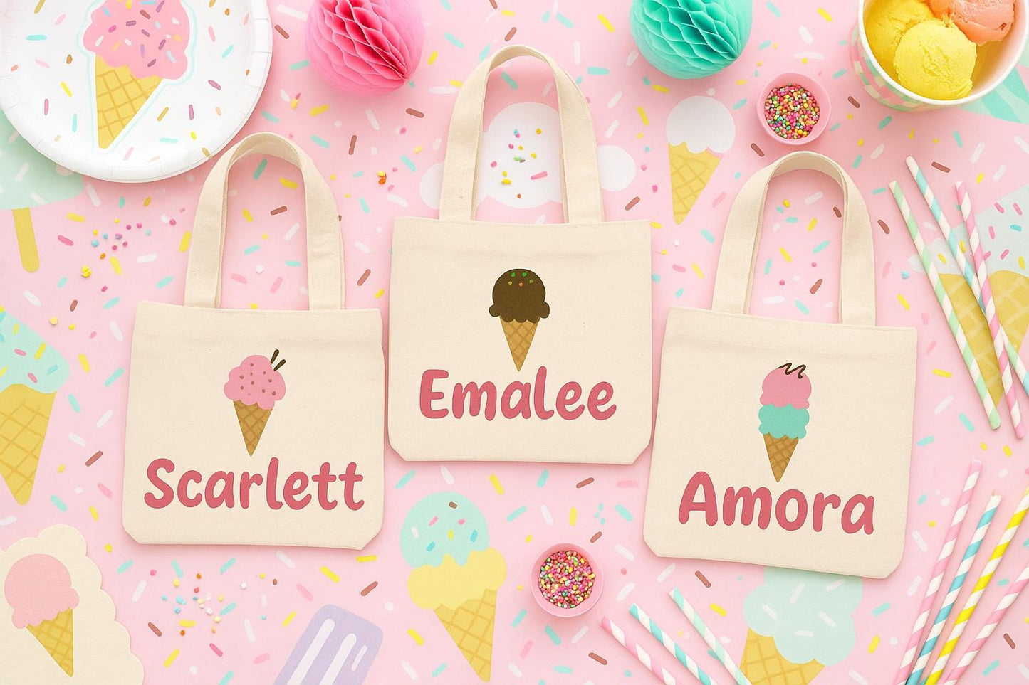 Ice Cream Party Favor Bags, Personalized Treat Bags, Set of 3