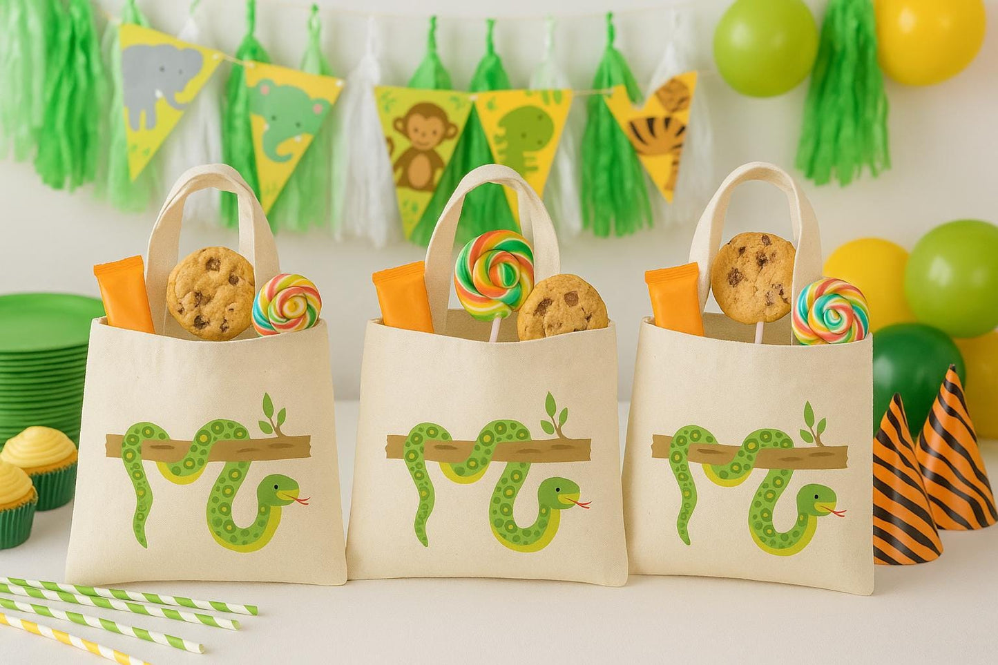 Snake Party Favor Bags - Perfect for Snake or Jungle Themed Parties & Events - Set of Three Bags