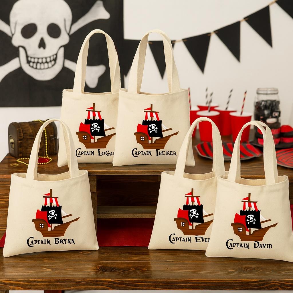 Personalized Pirate Favor Bags – Cotton Party Goodie Bags, Set of 6