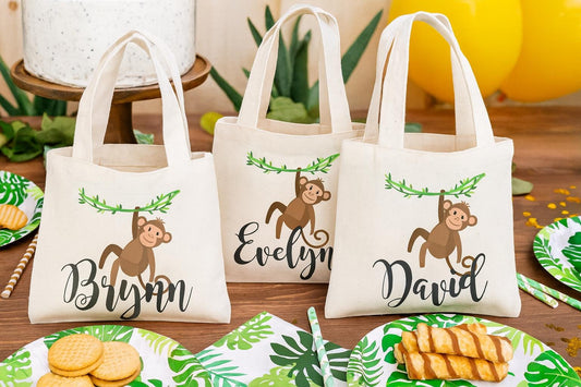 Custom Monkey Party Favor Bags - Perfect for Monkey or Jungle Themed Parties & Events - Set of Three Bags Personalized with Names