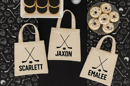 3 Hockey Party Favor Bags: Personalized Cotton Treat Bags