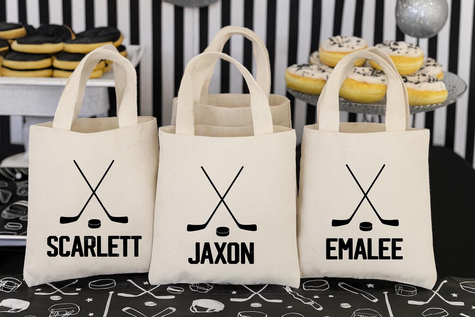 3 Hockey Party Favor Bags: Personalized Cotton Treat Bags