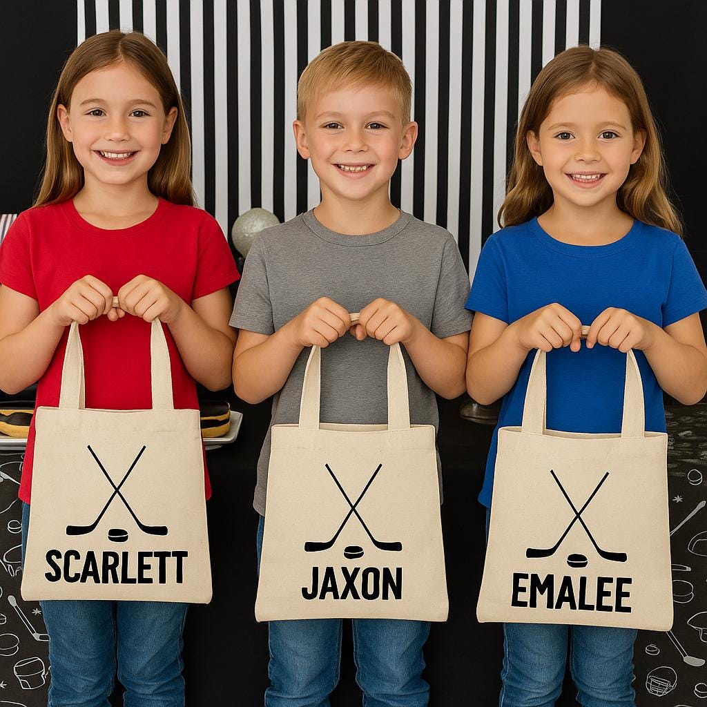 3 Hockey Party Favor Bags: Personalized Cotton Treat Bags