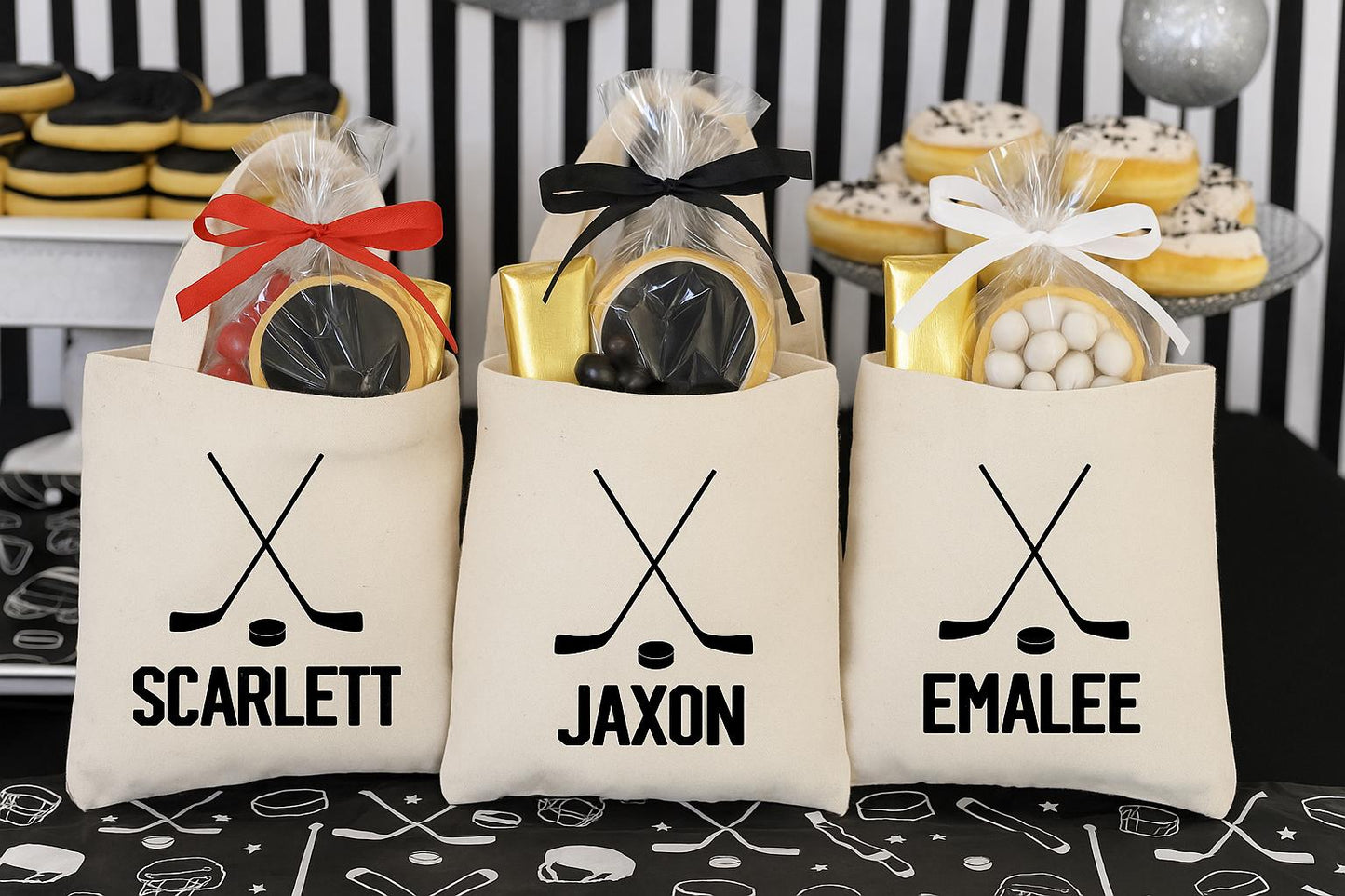 3 Hockey Party Favor Bags: Personalized Cotton Treat Bags