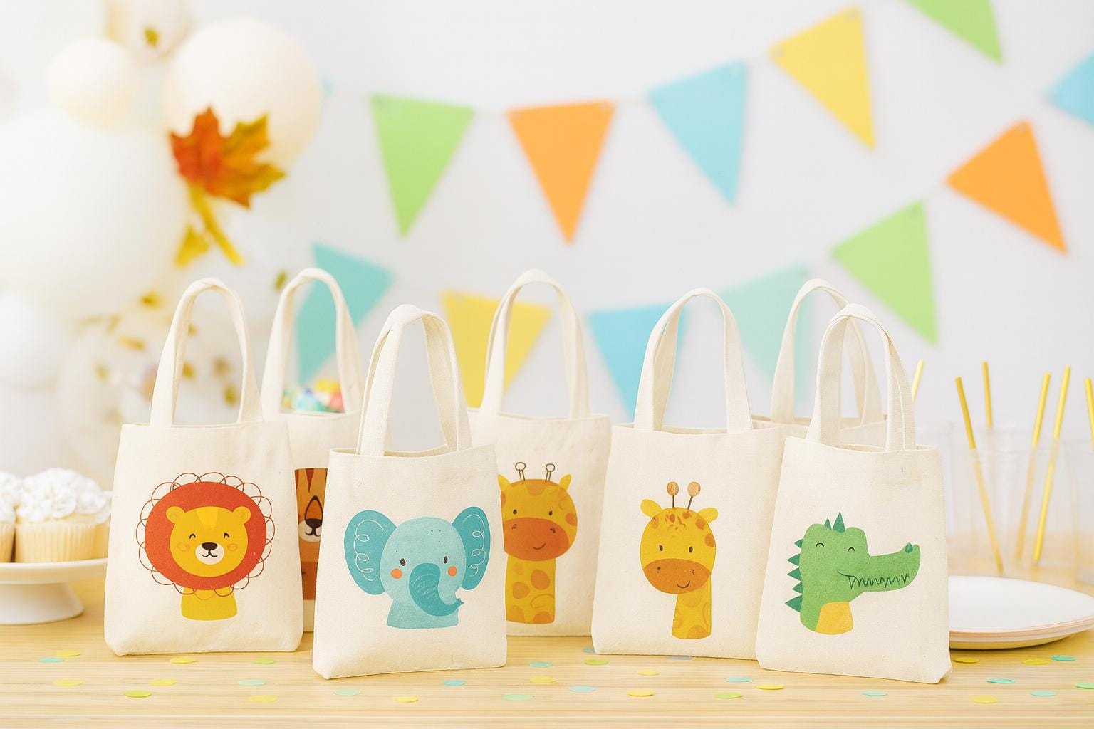 6 Animal Print Cotton Party Favor Bags, Zoo Theme