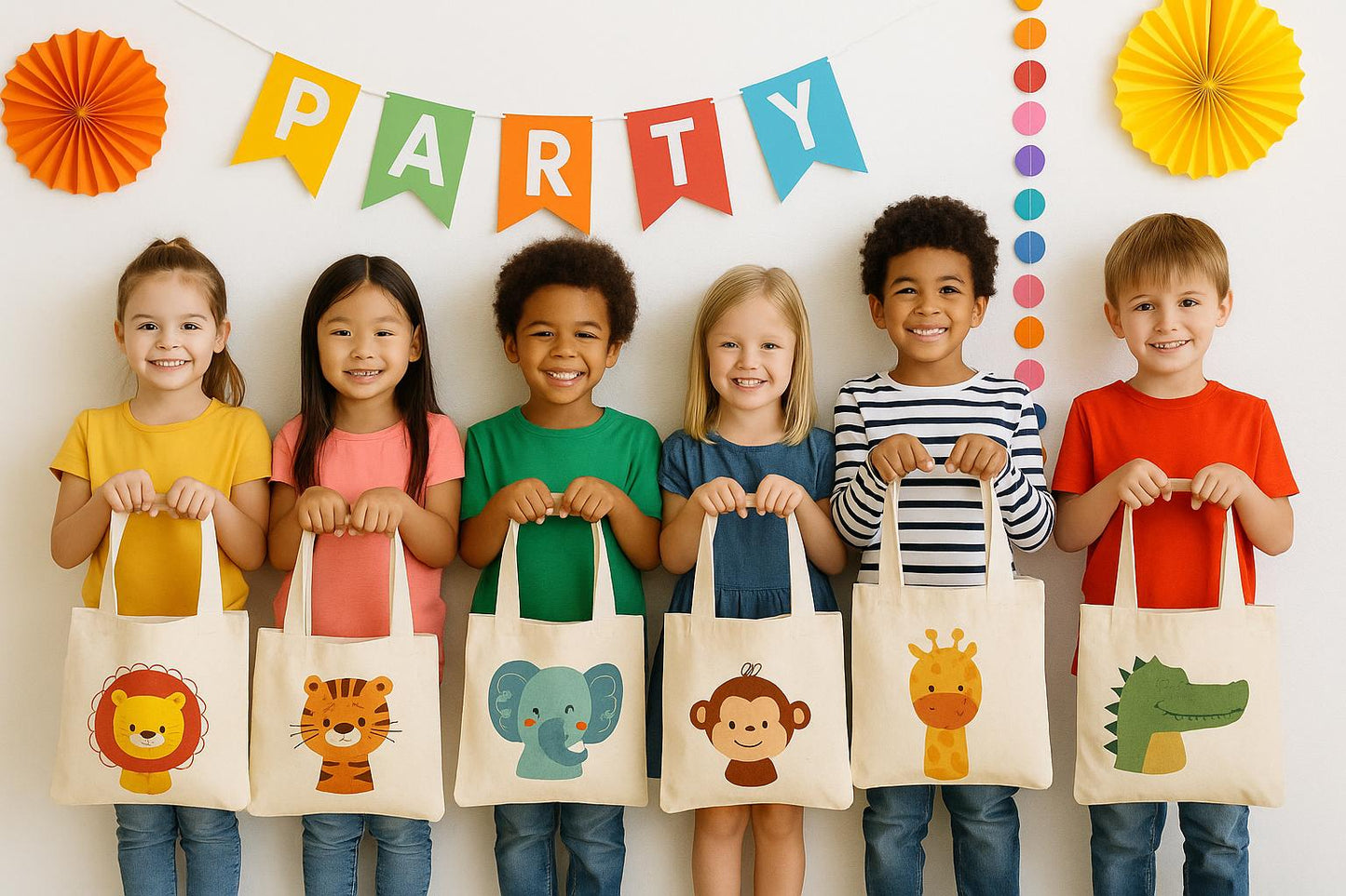6 Animal Print Cotton Party Favor Bags, Zoo Theme