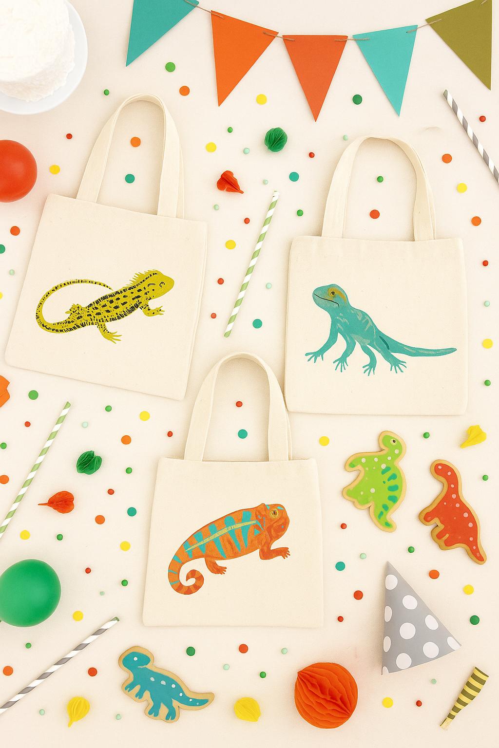 Lizard Party Favor Bags – Set of 3 Cotton Canvas Goodie Bags