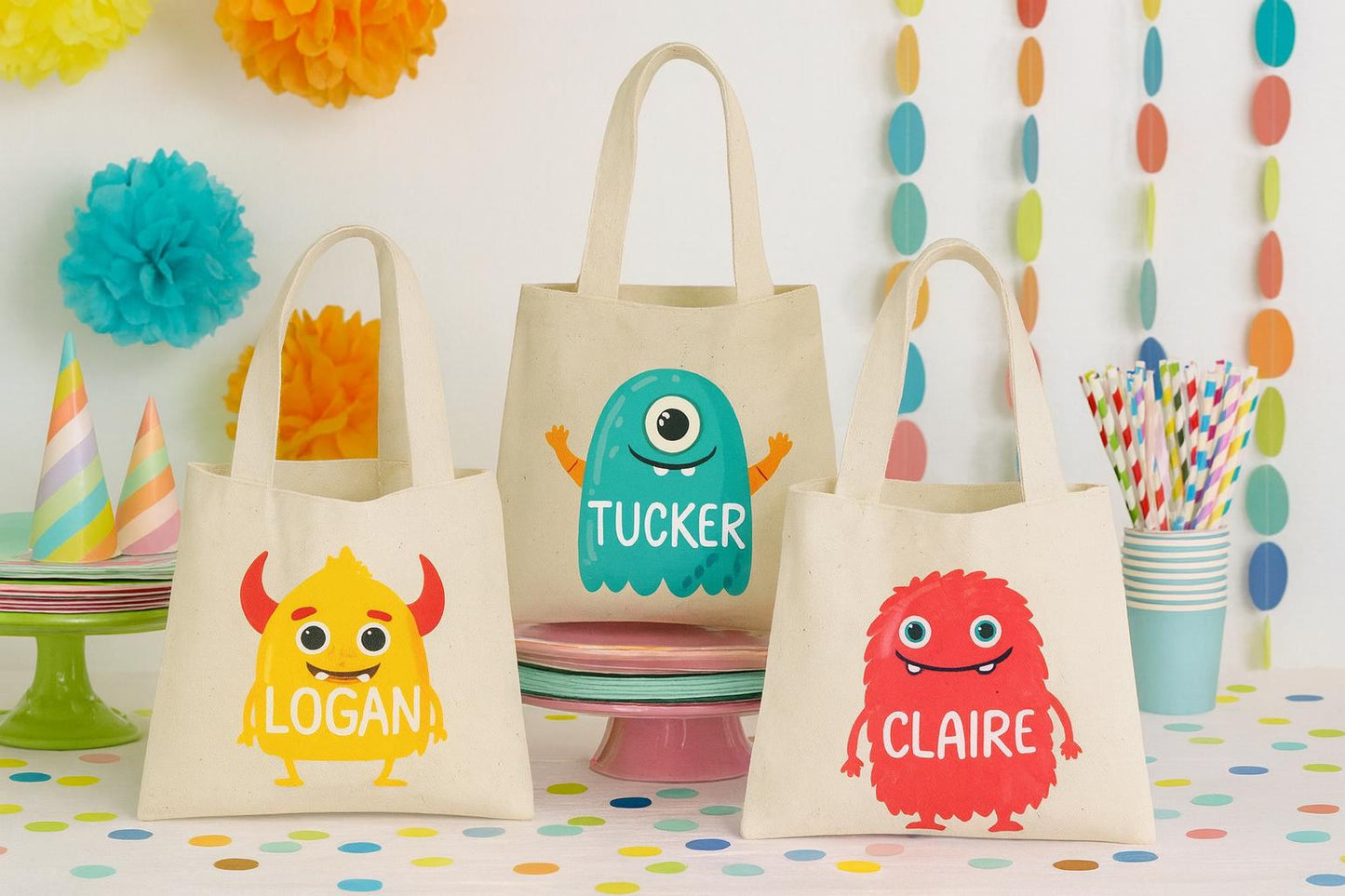 Personalized Monster Cotton Party Favor Bags - Set of 3