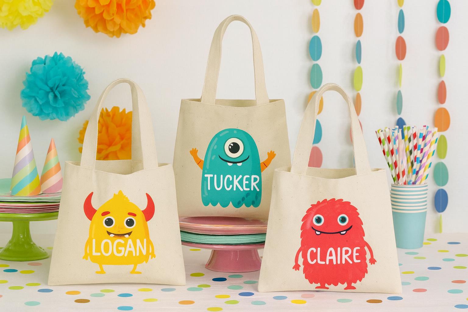 Personalized Monster Cotton Party Favor Bags - Set of 3