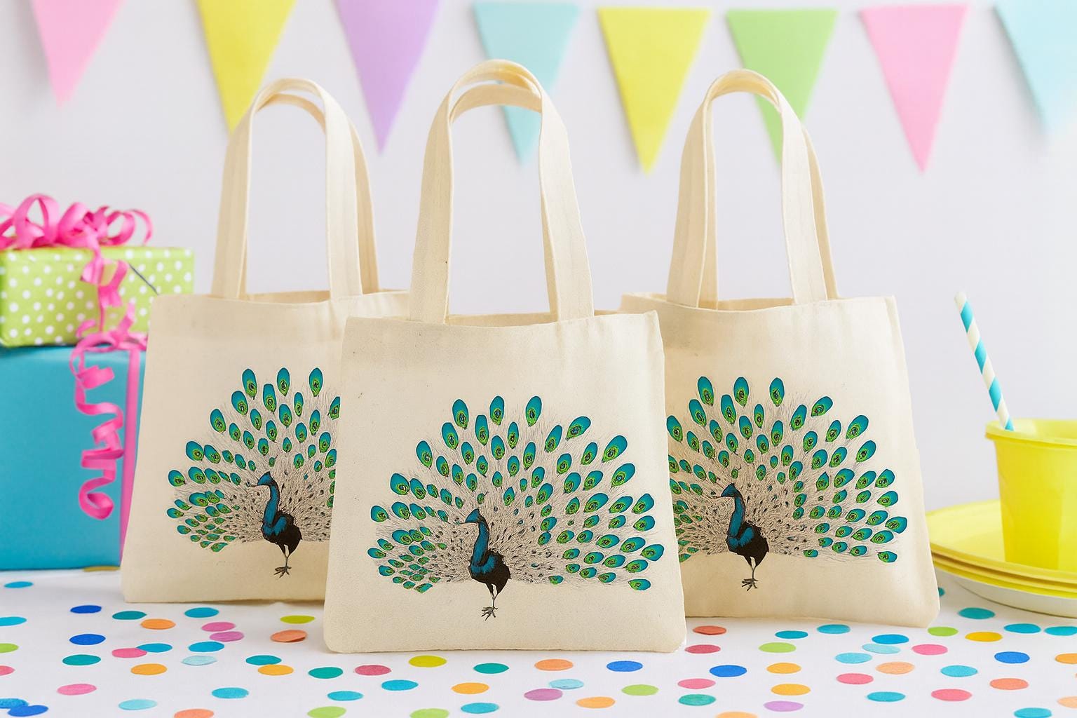 Peacock Party Favor Bag – Reusable Cotton Tote, Elegant Design
