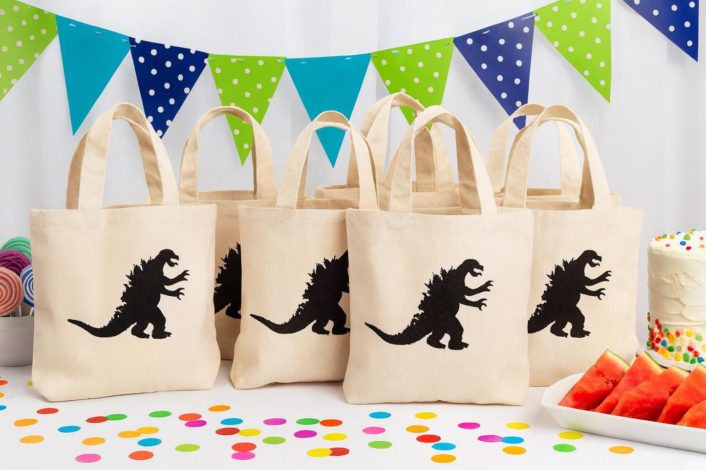 Godzilla Party Favor Bags - Reusable Cotton Canvas Tote, Set of 6