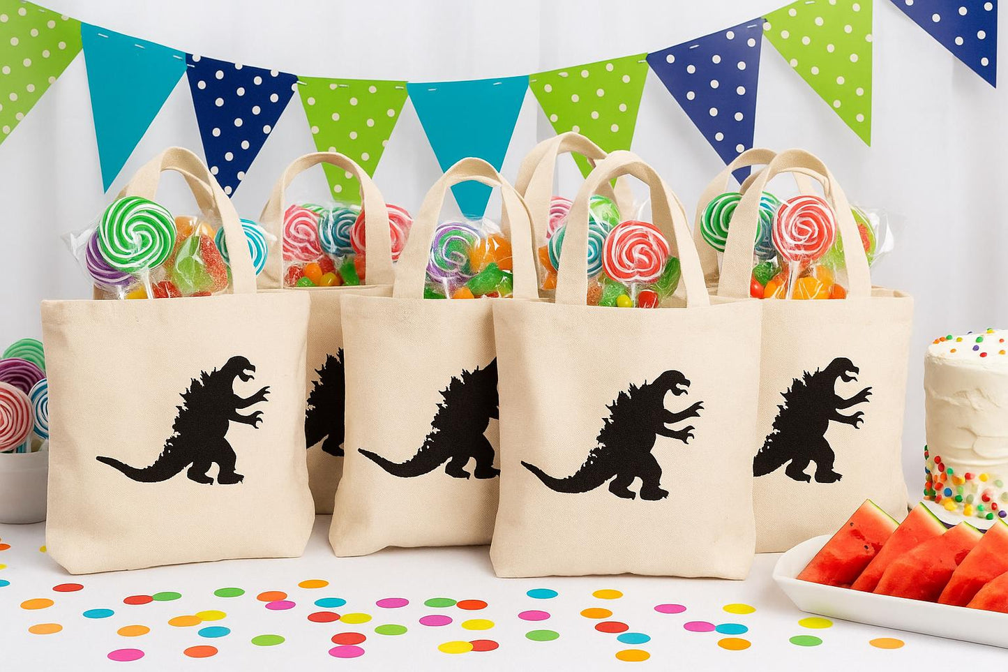 Godzilla Party Favor Bags - Reusable Cotton Canvas Tote, Set of 6