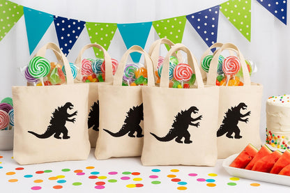 Godzilla Party Favor Bags - Reusable Cotton Canvas Tote, Set of 6