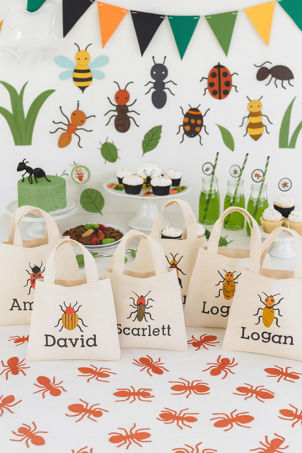 Insect Party Favor Bags, Personalized Bug Design, Set of 6