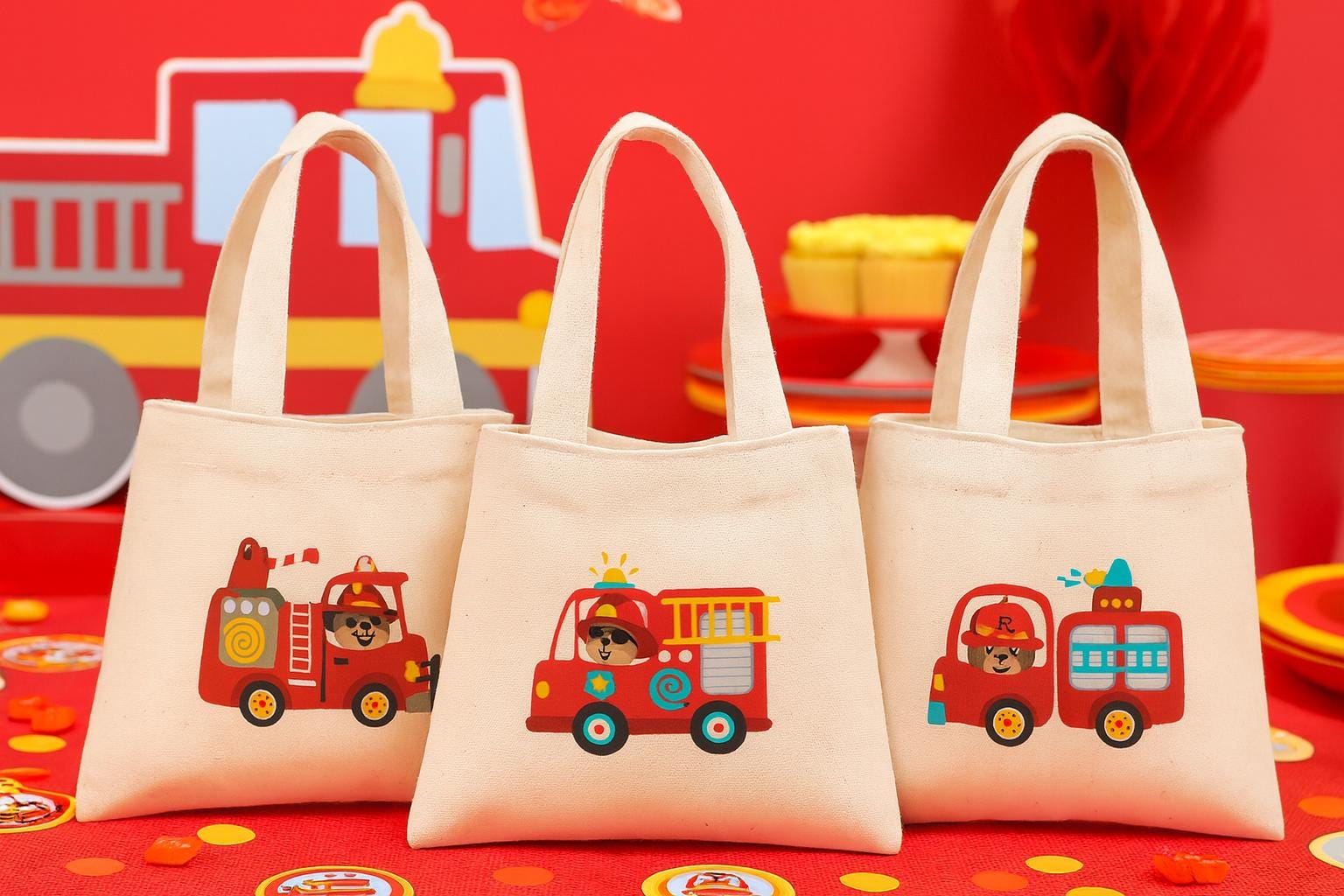Fire Truck Treat Bags - Perfect for Fire Truck Themed Parties! - Cotton party favor bags with handles