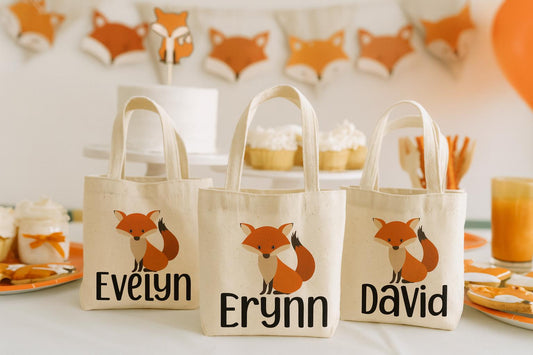 Custom Fox Party Favor Bags - Perfect for Fox or Woodland Themed Parties - Set of three - Cotton Bags with Handles