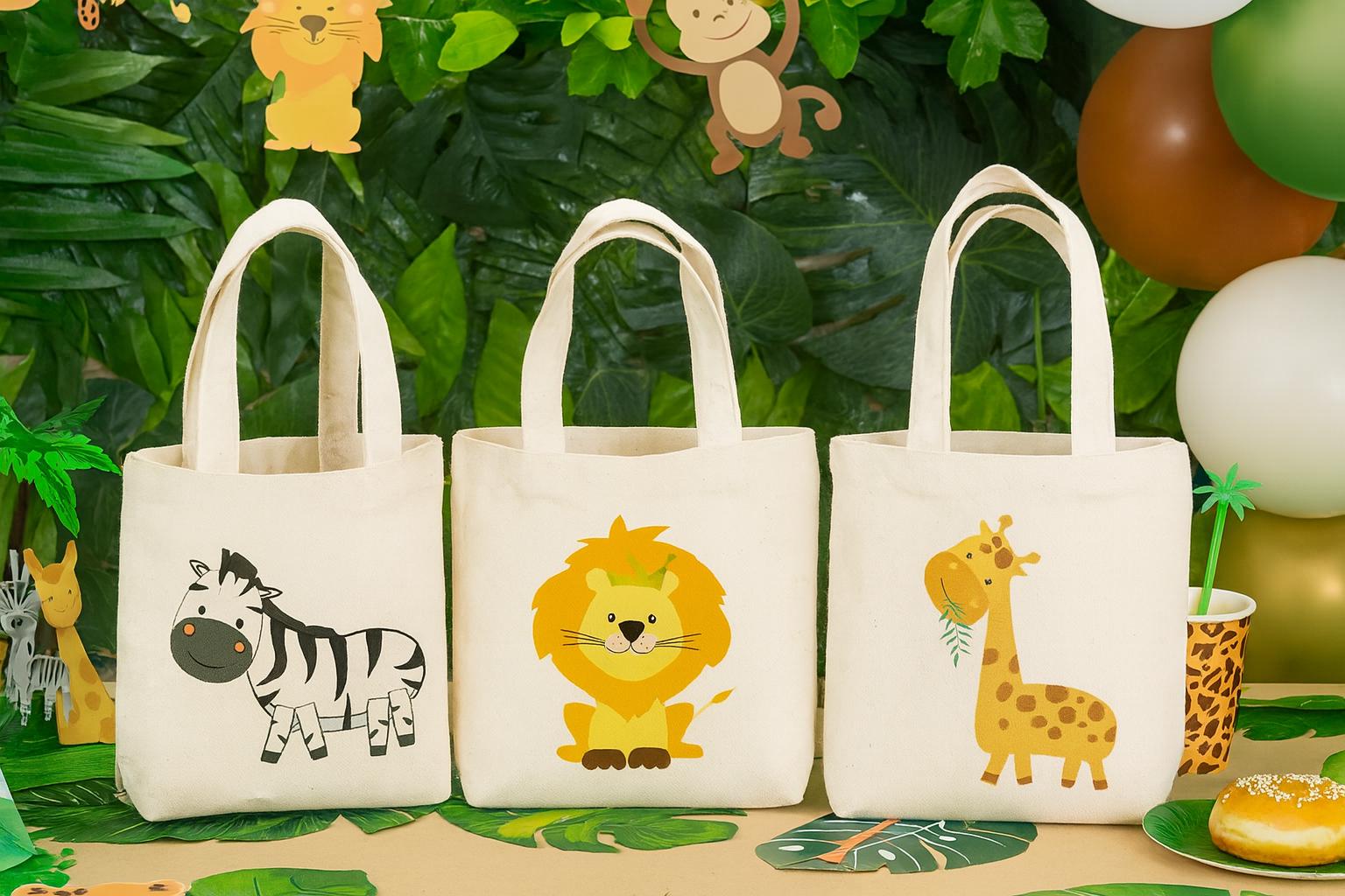 Safari Party Favor Bags - Jungle Animal Cotton Goody Bags, Set of 3