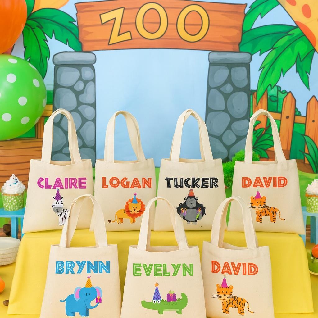 Personalized Zoo Animal Party Favor Bags – Safari Birthday Cotton Tote
