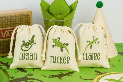 Custom Lizard Party Favor Bags - Personalized Cotton Drawstring Gift Bags - Set of Three