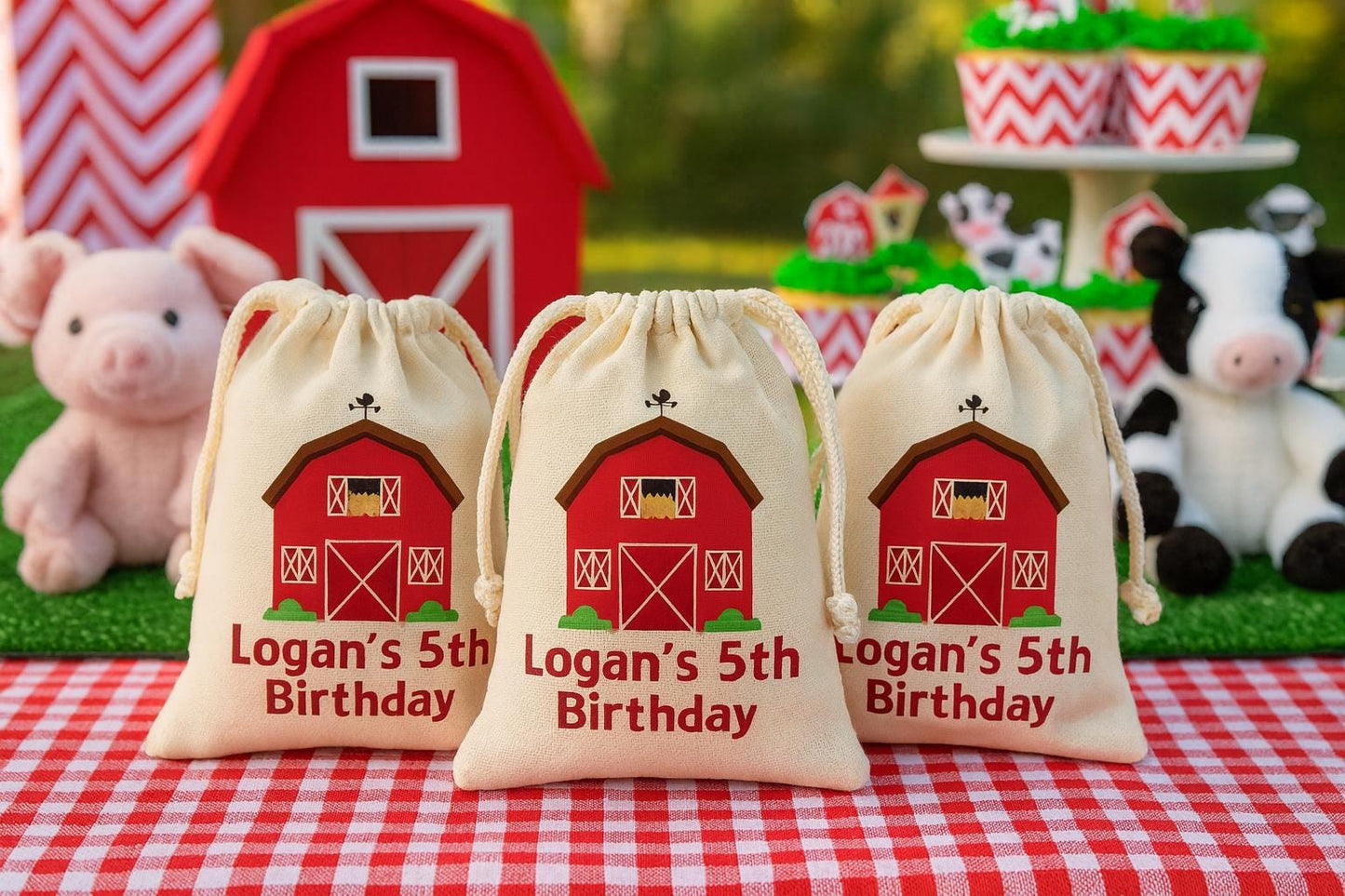 Personalized Farm Birthday Favor Bags – Red Barn, Cotton Drawstring