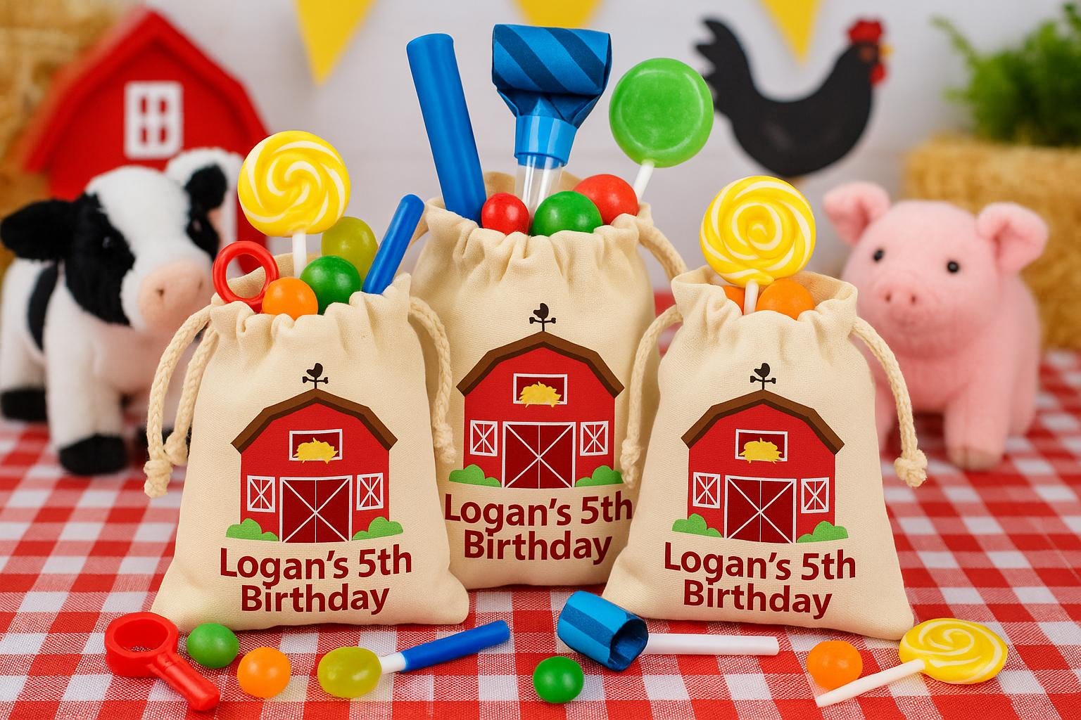 Personalized Farm Birthday Favor Bags – Red Barn, Cotton Drawstring