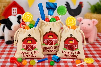 Personalized Farm Birthday Favor Bags – Red Barn, Cotton Drawstring