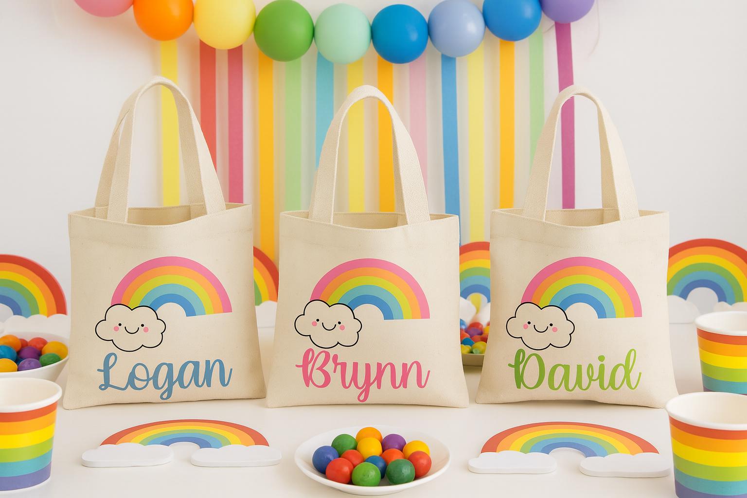 Personalized Rainbow Party Favor Bag – Custom Name Canvas Tote