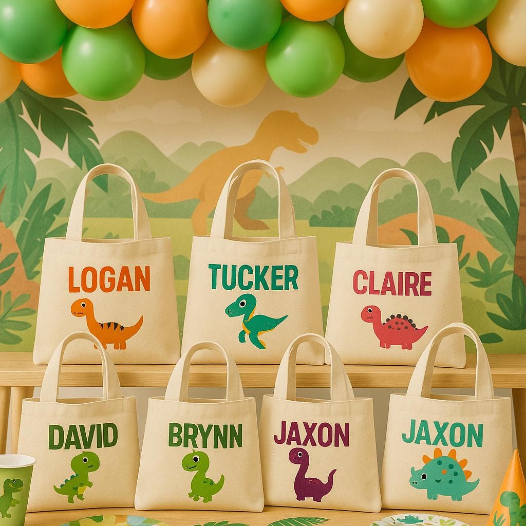 Personalized Dinosaur Party Favor Bags – Canvas Treat Bags, Set of 6