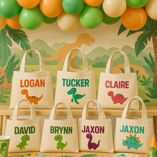Personalized Dinosaur Party Favor Bags – Canvas Treat Bags, Set of 6