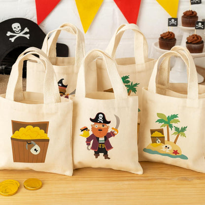 Pirate Party Favor Bags - Perfect for Pirate Themed Parties! - Set of Six Bags - Cotton Bags with Handles and Adorable Pirate Designs
